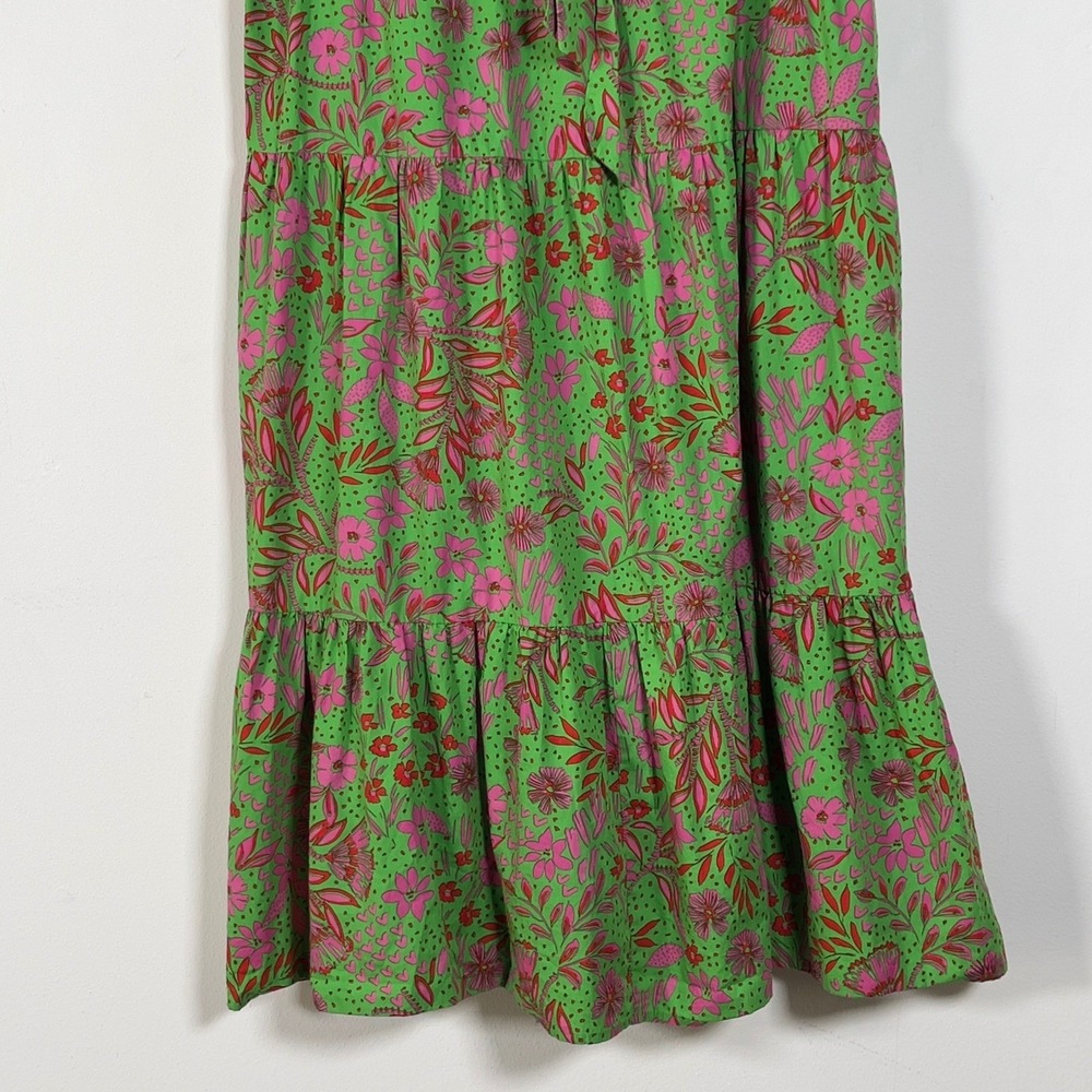Sugarlips Tiered Midi Dress Sz M Green Pink Floral Ruffle Flutter Sleeve Belted - Picture 5 of 13